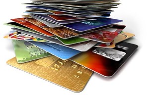 Stack of credit cards, low angle view, (digital)   Original Filename: credit cards.jpg